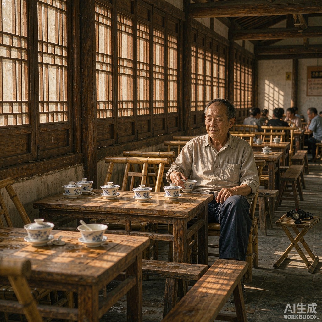A wooden teahouse table with a gaiwan tea set, sunlight through lattice windows, an old man with closed eyes and a small stool beside him