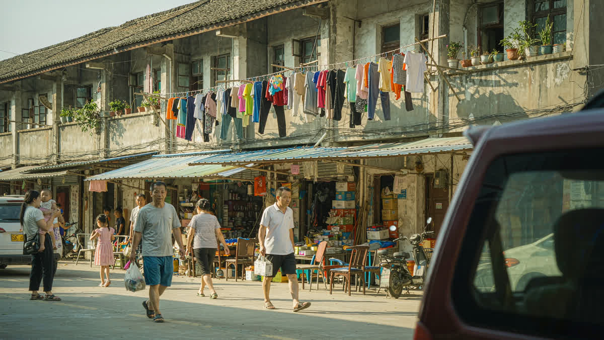 A busy everyday Chinese residential side street at midday with a small shop, a parked scooter and laundry above.
