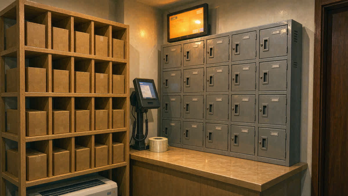 A Chinese neighbourhood parcel pickup shop with shelves of boxes and a wall of smart lockers