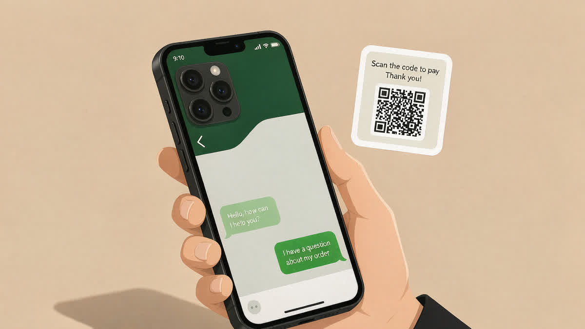 A smartphone with a green chat interface and a QR code sticker beside it