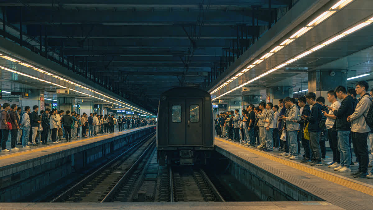 Passengers queuing beside train doors on an underground metro platform in a Chinese city