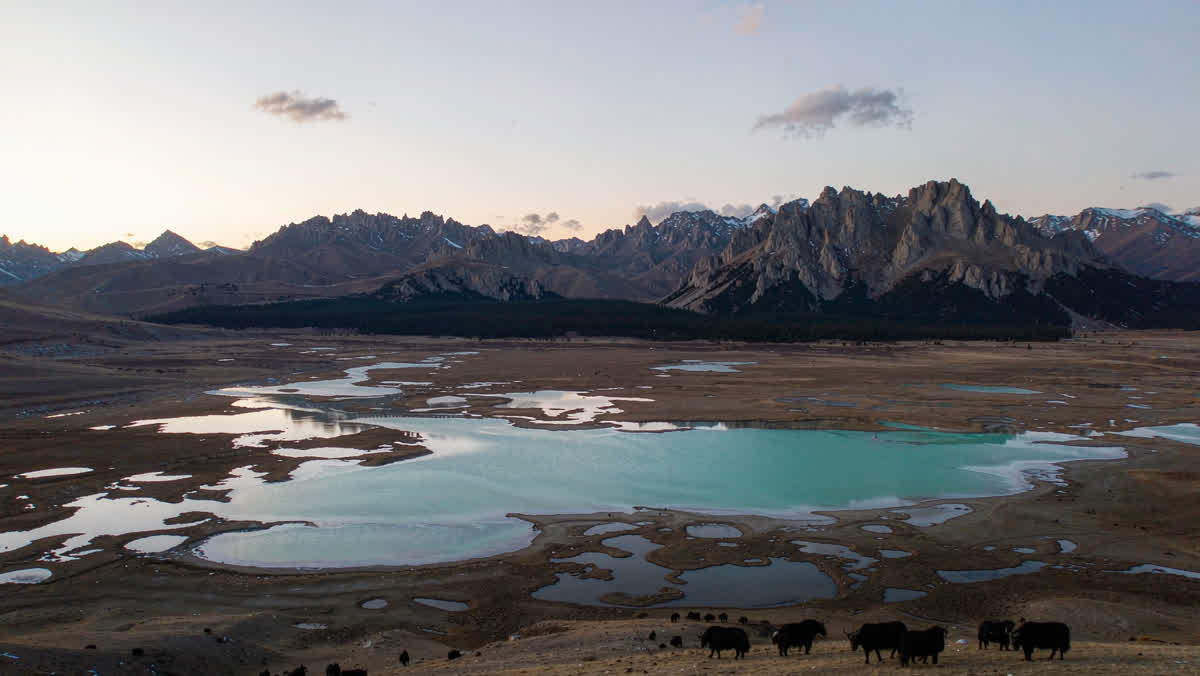 Snow-capped plateau headwater lakes and alpine grassland in Sanjiangyuan national park, Qinghai