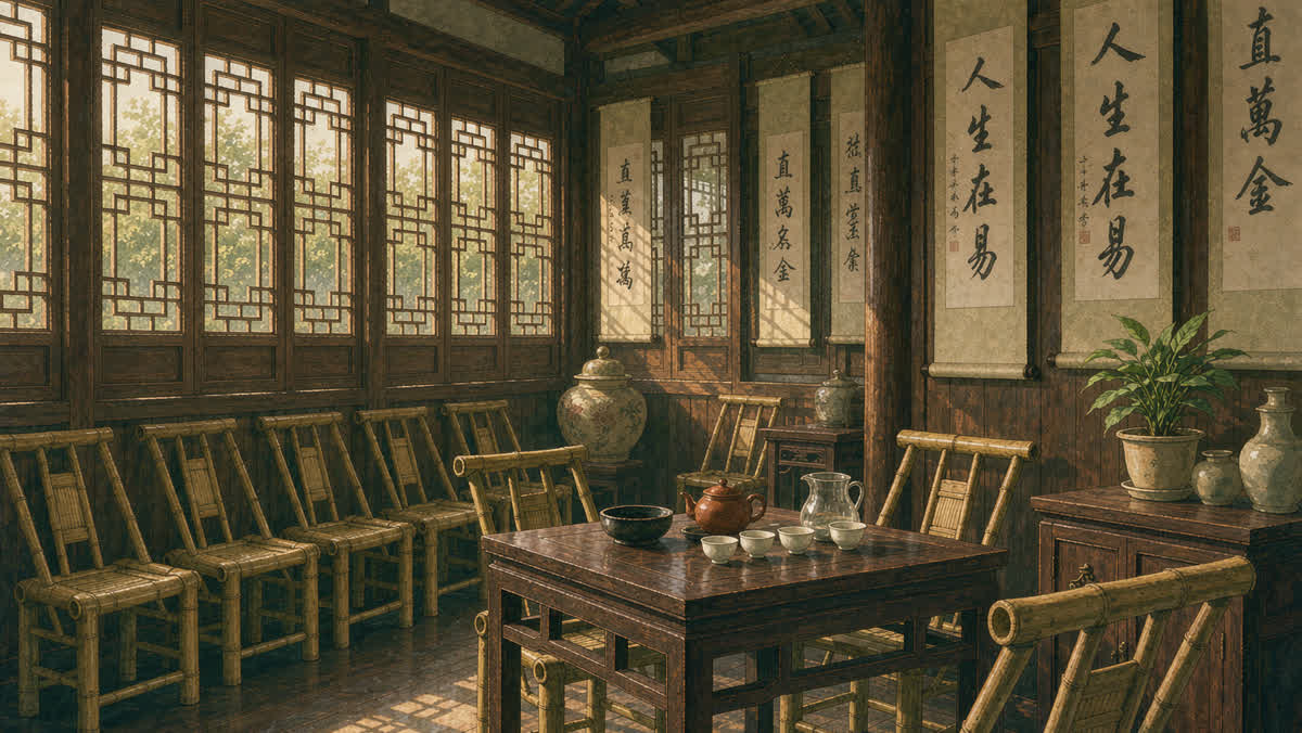 Interior of a traditional Chinese tea house with wooden tea tables, teapots and bamboo chairs