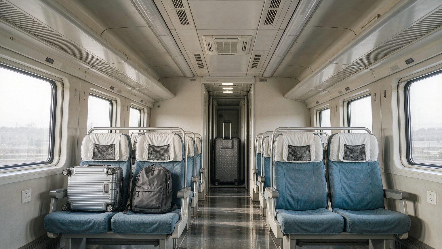 A foreign traveler lifting a 20 inch suitcase onto the overhead luggage rack inside a Chinese high-speed rail carriage