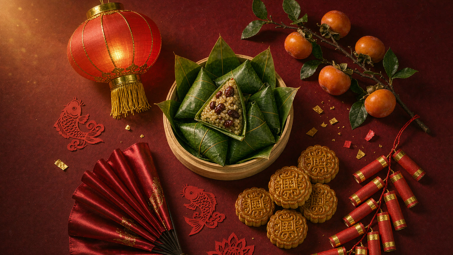 Editorial flat-lay of Chinese festival symbols: red lantern, bamboo-wrapped zongzi, mooncake, red and gold firecrackers on crimson paper