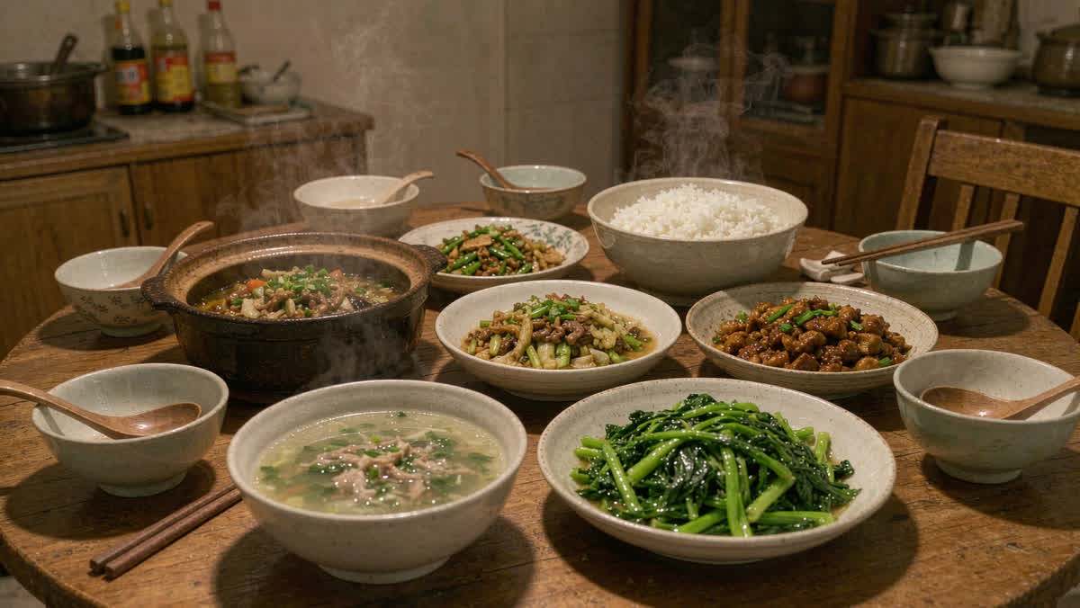 A home-style Chinese family dinner with clay pots, stir-fried vegetables, soup and steamed rice