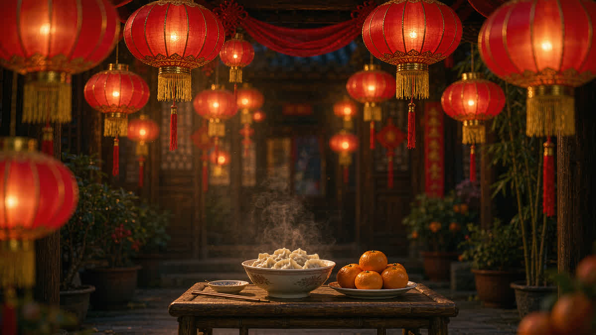 Chinese New Year courtyard at night with red lanterns, dumplings and oranges on a low table