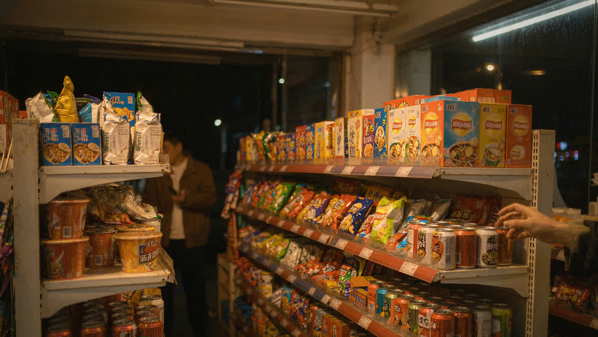 Inside a Chinese convenience store with shelves of snacks and drinks, a hand reaching for a canned drink