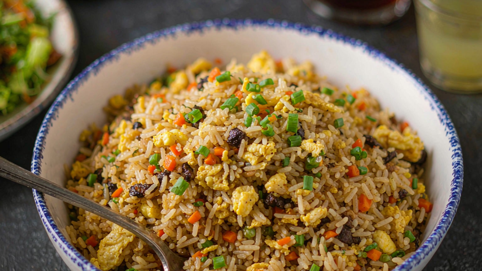 Bowl of Chinese egg fried rice with egg, peas, carrot and green onion