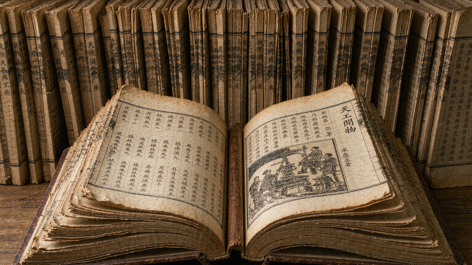 AI 生成示意图：明代古籍风格书影，《天工开物》原书影请以中华书局影印本为准