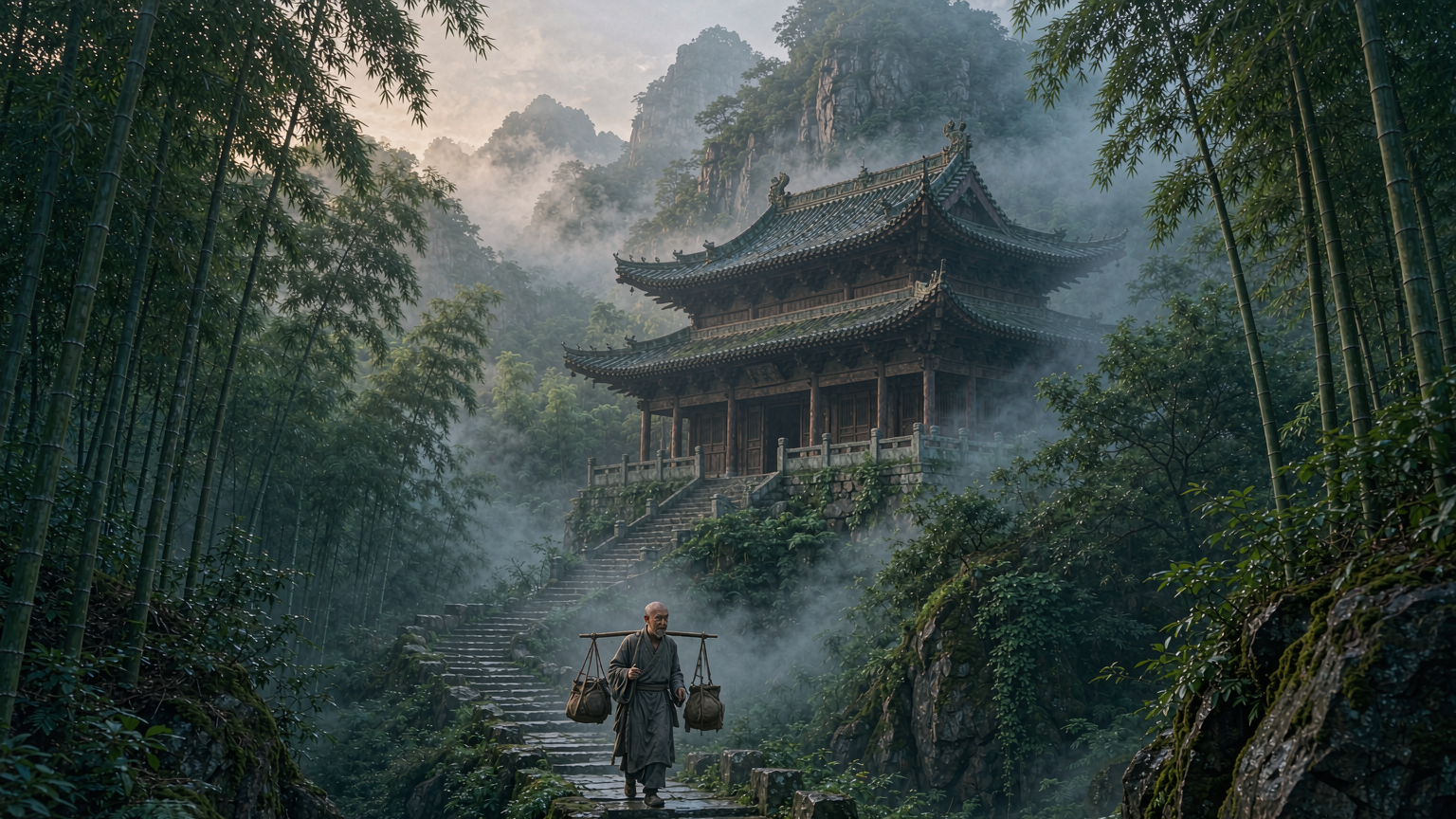 AI 生成示意图:山间清晨薄雾、寺庙剪影、山道挑担者,非百丈山实景照