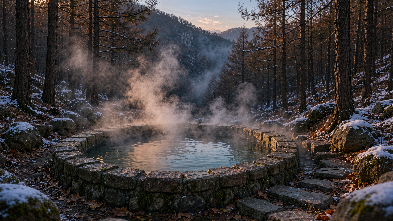 AI 生成示意图:山中温泉浴池冬日蒸汽场景,非九仙温泉实景照