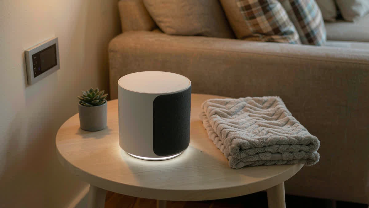 A modern white cylindrical smart speaker on a light wooden table beside a wall-mounted smart thermostat glowing softly.
