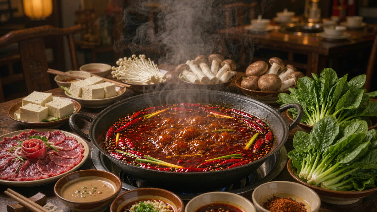 A Chinese hotpot table with bubbling red chili broth surrounded by plates of raw meat, vegetables and tofu
