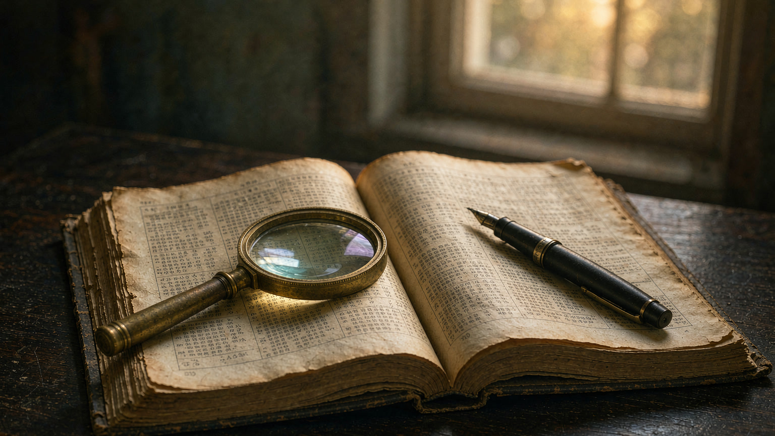 A worn vintage Chinese dictionary lying open on a dark wooden desk, pages yellowed and dense with small printed characters, a brass magnifying glass resting on the left page beside a black fountain pen