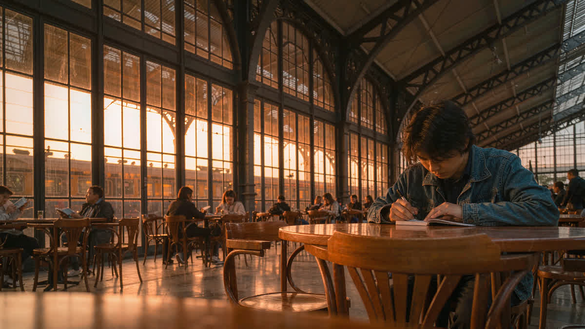 A traveler writing in a small notebook at a wooden table in a Chinese train station waiting hall in warm evening light.

