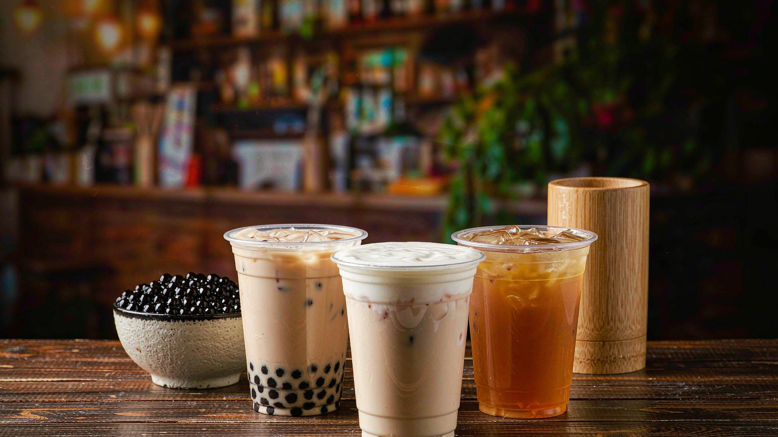 Three paper cups of Chinese milk tea with tapioca pearls and a cheese foam cap on a wooden shop counter