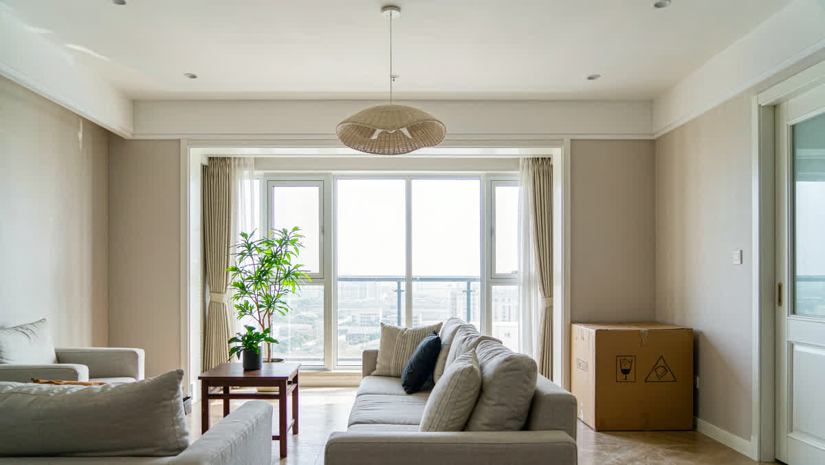 A bright modern Chinese rental apartment living room with a grey sofa, a potted plant and a moving box in the corner.
