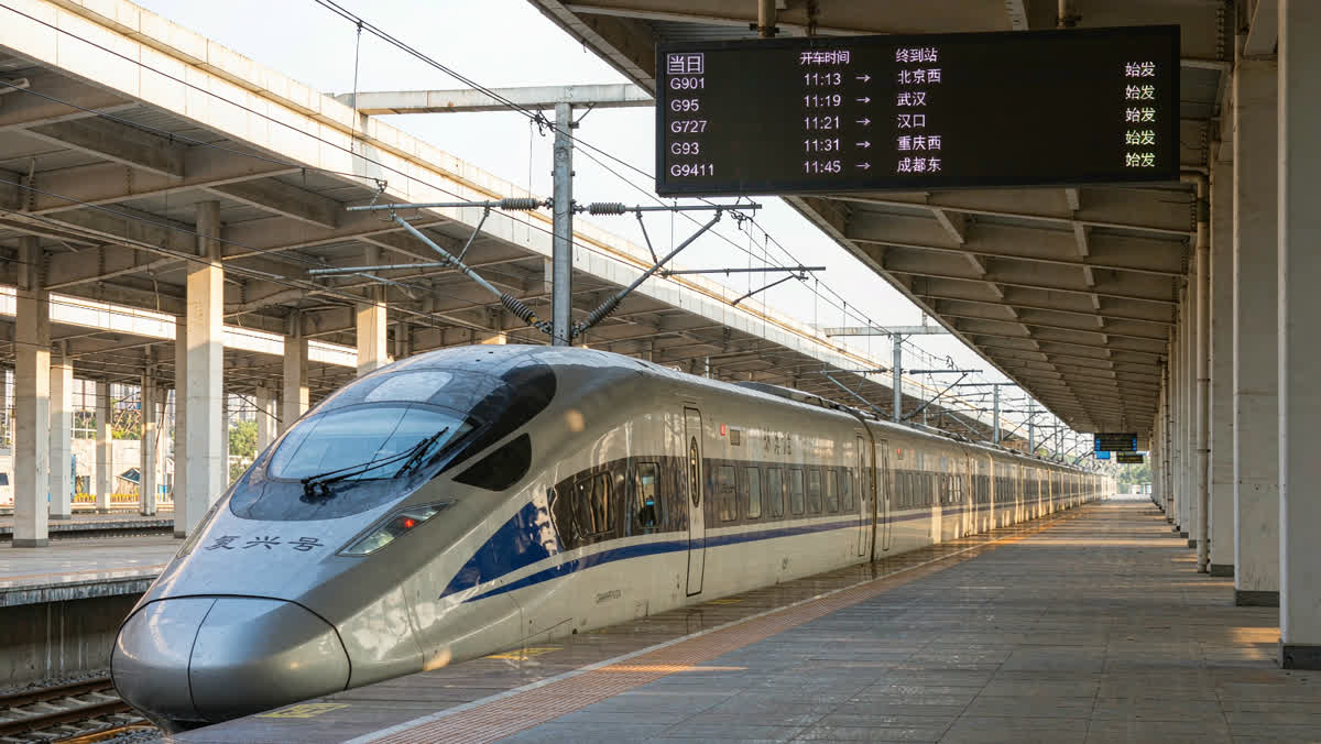 A white-and-silver Chinese Fuxing high-speed train standing at a modern station platform under a large departure board in morning light