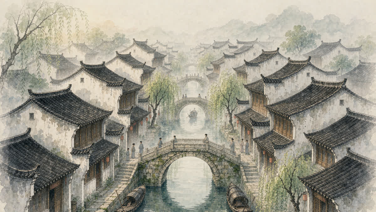 A traditional Jiangnan water town with arched stone bridges over canals and white-walled houses